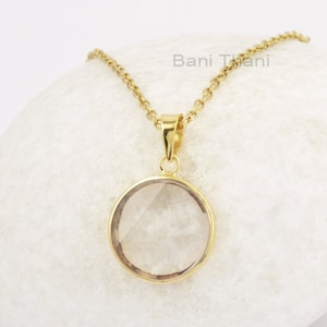 Elegant Vintage Crystal Quartz Necklace, 18mm Round Gemstone Necklace, Gold Plated 925 Sterling Silver Bezel Necklace, Women&#39;s Gift Necklace
