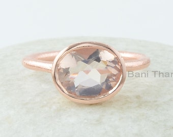 Morganite Ring, Morganite Quartz 8x10 mm Oval Shape Gemstone Ring, Morganite Rose Gold Plated Bezel Ring, 925 Silver Morganite Quartz Ring