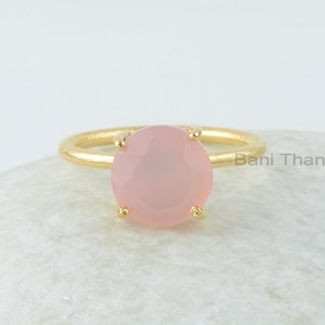 Pink Chalcedony Ring - 10mm Round Gemstone Ring - Prong Set Ring - Gold Plated Ring - 925 Sterling Silver - Ring for Women - Gift for Her