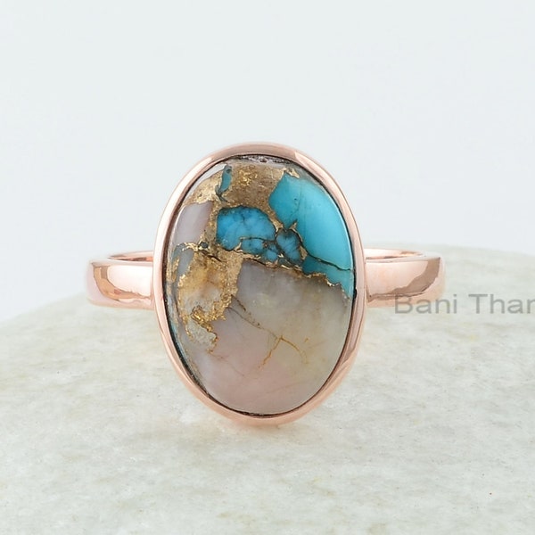 Opal Turquoise Ring, Pink Opal Copper Turquoise 10x14mm Oval Gemstone Ring, Bezel Set Ring, Rose Gold Plated Ring, 925 Silver Turquoise Ring