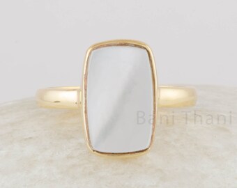 Pearl Ring - Gold Plated  Ring - 8x13mm Cushion Flat Mother Of Pearl Gemstone Ring - Jewelry Wholesaler- Christmas Gift For Women