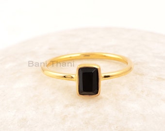 Black Onyx Ring, 925 Sterling Silver Gemstone Ring, 18k Gold Plated Statement Ring, Handmade Minimalist Ring, Black Stone Ring For Women