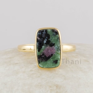 Ruby Zoisite Ring - Gold Plated - Pure Silver - Handmade Ring - Artisan Jewelry - Wedding Jewelry - Gift for Women - Cushion Flat Gemstone