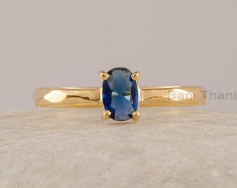 Sapphire Statement Ring, Blue Sapphire Gemstone Gold Plated Prong Ring, Gold Filled  Oval Ring, Handmade Ring, Delicate Anniversary Ring