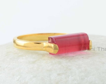 Tourmaline Ring, Pink Tourmaline Quartz 5 x 11 mm Rectangle Gemstone Silver Ring, 18k Gold Plated Pink Quartz Ring, Tourmaline Silver Ring