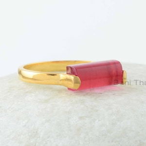 Tourmaline Ring, Pink Tourmaline Quartz 5 x 11 mm Rectangle Gemstone Silver Ring, 18k Gold Plated Pink Quartz Ring, Tourmaline Silver Ring
