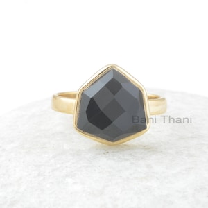 Black Onyx Ring - 12mm Trillion Ring - Gold Plated Ring - Solid Silver - Gemstone Jewelry - Dainty Ring - Jewelry for Writer - Gift for Lady