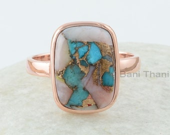 Turquoise Ring - Sterling Silver Ring - 10x14mm Gemstone Jewelry - Gift for Wife - Jewelry for Loved ones - Pink Opal Turquoise Copper Ring
