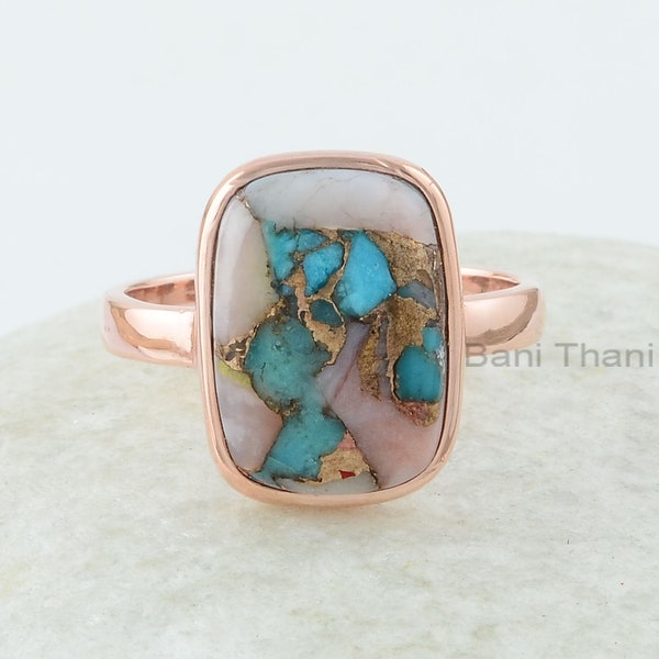 Türkis Ring - Sterling Silber Ring - 10x14mm Edelsteinschmuck - Schmuck für die Lieben - Pink Opal Türkis Kupfer Ring