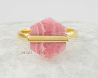 Rhodochrosite Ring - Gemstone Ring - 11x13mm Hexagon - Gold Plated Ring - Solid Silver - Gift for Her - Jewelry for Women - Gift for Lover