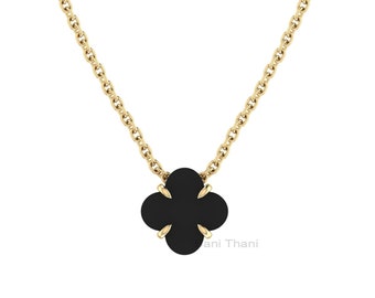 Schwarzer Onyx-Kleeblatt-Anhänger (9 mm), vergoldet (18 Karat Gold), Glücksblatt-Halskette – perfektes Geschenk