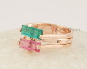 Pink Tourmaline Ring, Multi Gemstone Silver Ring, 925 Silver 18k Gold Plated Band Ring, Dual Band Teal Quartz Ring, Handmade Summer Ring