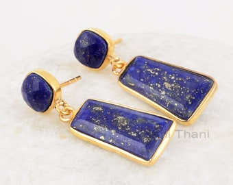 Boucles d’oreilles Lapis Lazuli, Lapis Lazuli Rectangle 10x20mm Coussin 7mm Pierres précieuses, Boucles d’oreilles 925 Sterling Silver-Drop, Plaqué Or 18k, Best for Her