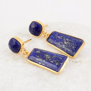 Pendientes de lapislázuli, lapislázuli rectangular de 10 x 20 mm, cojín de 7 mm, piedra preciosa, pendientes colgantes de plata de ley 925, chapados en oro de 18 k, ideales para ella.