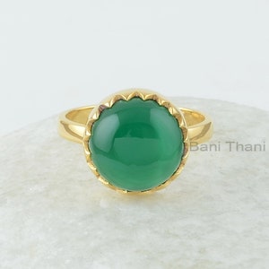 Green Onyx Round Gemstone Silver Ring - 925 Silver Gold Plated Ring - Zig Zag Bezel Ring - Gemstone Jewelry for Women - Christmas Gift Ring
