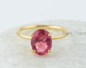 Pink Tourmaline Quartz Ring, Pink Tourmaline 8x10 mm Oval Shape Gemstone Silver Ring, 18k Gold Plated Ring, Bridal Ring, Gift for her