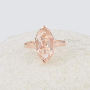 Morganite Proposal Ring, 8x16mm Marquise Gemstone Ring, Rose Gold Plated Sterling Silver Prong Set Ring, Engagement Gift Ring, Vintage Ring