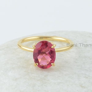 Pink Tourmaline Quartz Ring, Pink Tourmaline 8x10 mm Oval Shape Gemstone Silver Ring, 18k Gold Plated Ring, Bridal Ring, Gift for her