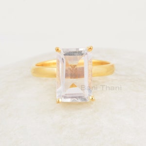Rectangle Crystal Quartz, Crystal Quartz 8x12mm Rectangle Shape Gemstone, Micron Gold Plated Ring, 925 Sterling Silver Prong Rings For Gift