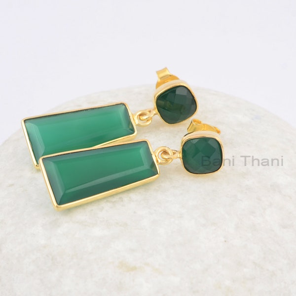 Green Onyx Earrings, Green Stone Earrings, Dark Green Onyx Gemstone Earrings, 925 Silver Gold Plated Vintage Gift Earrings, Gift For Womens