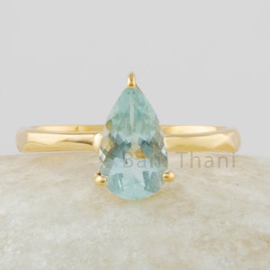 Aquamarine Ring, Solid Silver 925 Ring, Gold Plated Engagement Ring, Pear Aqua Gemstone Ring, Custom Handmade Jewelry, Promise Ring for Mom