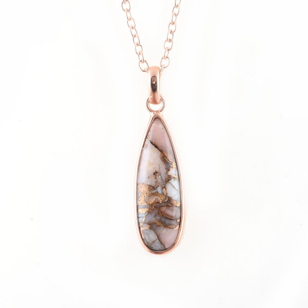 Pink Opal Copper Necklace - Pure Silver - Handcrafted Pendant Necklace - 8x25mm Pear - Party Jewelry - Gift For Lover - Jewelry For Daughter