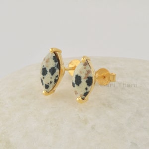 Jasper Stud Earrings, 5x10mm Marquise Gemstone Studs, Dalmatian Jasper Silver Stud Earrings, 18k Gold Plated Silver Studs Earrings For Women