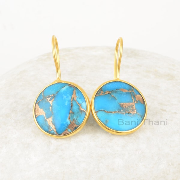 Blue Copper Turquoise Drop Earrings, Copper Turquoise 15mm Round Gemstone 925 Silver Earrings, 18k Gold Plated Earrings For Valentine's Gift