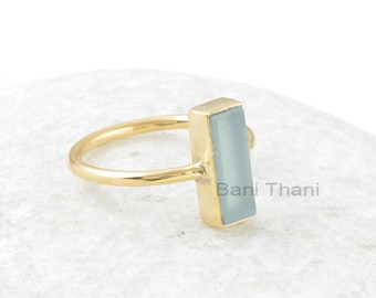 Aqua Chalcedony Gemstone Ring - 4x12mm Flat Rectangle Ring - Sterling Silver Ring - Gold Plated Ring - Gift For Wife - Handmade Jewelry