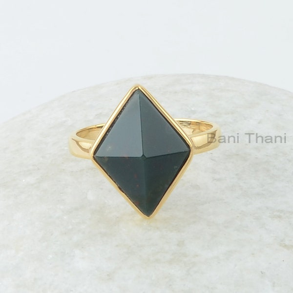 Bloodstone Silver Ring, Bloodstone 10x16 mm Pyramid Shape Gemstone Ring, 18k Gold Plated Ring, Bloodstone Silver Rings For Women