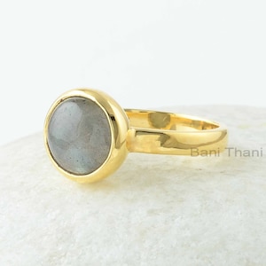 Gold Plated Labradorite Ring - Labradorite 9mm Round Shape Gemstone Ring - 925 Silver Bezel Ring - Round Labradorite Gemstone Ring For Women