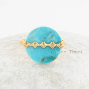 Turquoise Ring - Round Arizona Turquoise Gemstone Ring - Gift for Her - Gold Plated Ring - 925 Silver Ring - Cocktail Ring - Handmade Ring