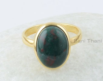 Bloodstone Silver Ring, Bloodstone 10x14mm Oval Gemstone Silver Ring, 18k Gold Plated Ring, Gift For Her, Gemstone Silver Bezel Rings