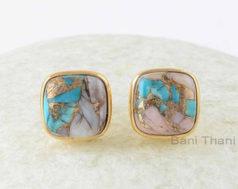 Pink Opal Copper Turquoise Stud Earrings - Gold Plated Studs - Solid Silver - 9mm Cushion - Jewelry For New Beginning - Gift For Bridesmaid