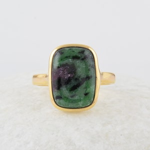 Zoisite Ring, Ruby Zoisite 10x14mm Long Cushion Gemstone Ring, 925 Sterling Silver Multi Color Ring, 18k Gold Plated Bezel Ring