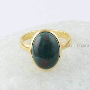 Bloodstone Silver Ring, Bloodstone 10x14mm Oval Gemstone Silver Ring, 18k Gold Plated Ring, Gift For Her, Gemstone Silver Bezel Rings