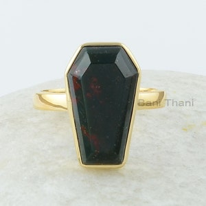 Coffin Ring, Bloodstone 10x17 mm Coffin Shape Gemstone Silver Ring, Gold Plated Bezel Ring, 925 Silver Blood Stone Ring