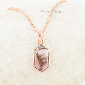 Rosa Opal Kupfer Halskette - Gold Filled - 8 x 15 mm Sechseck - Rosévergoldete Halskette - Trendy Schmuck - Geschenk für Abschlussball - Schmuck für Dame
