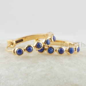 Silver Hoop Earrings, Lapis Lazuli Gemstone Silver Earrings For Women, 18k Gold Plated Bezel Earrings, Anniversary Gift For Wife