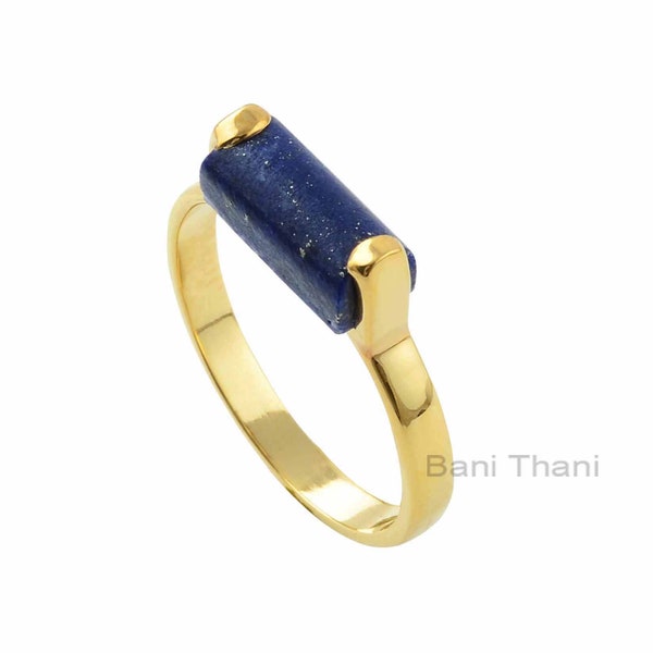 Bague Lapis Lazuli - Argent Massif - Plaqué Or - Rectangle Arrondi Long 5x11mm - Fabrication de Bijoux - Bijoux pour Ami - Cadeau pour Femme