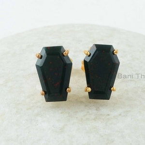 Bloodstone Earrings, Bloodstone 8x12mm Coffin Shape Gemstone Earrings, 18k Gold Plated Prong Set Studs, 925 Silver Coffin Earrings Jewelry