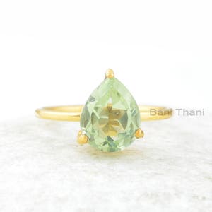 Green Amethyst Ring, Green Amethyst Quartz 8x10mm Pear Gemstone Sterling Silver Ring, Handmade Ring, Gold Plated Ring, Gift For Her