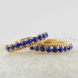 Beautiful Hoop Earrings, Lapis Lazuli Gemstone Silver Earrings For Women, 18k Gold Plated Prong Earrings, Anniversary Gift For Wife