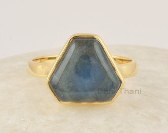 Natural Labradorite Ring, 11x11mm Gemstone Silver Ring, 925 Sterling Silver 18k Gold Plated Ring, Handmade Statement Wedding Ring For Gifts