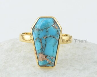 Blauer Kupfer-Türkis-Ring – 10 x 17 mm Sarg – Edelstein-Ring – vergoldeter Ring – 925 Silber – handgefertigter Ring – Geschenk für Sie