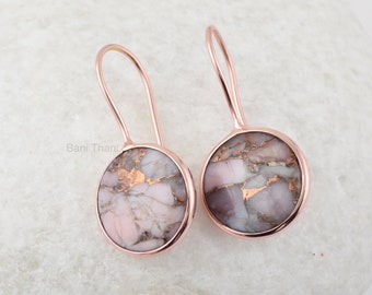 Opal Earrings, Pink Opal Copper 15mm Round Gemstone Silver Earrings, Rose Gold Plated Drop Hook Earring For Women, Valentines Gift For Her
