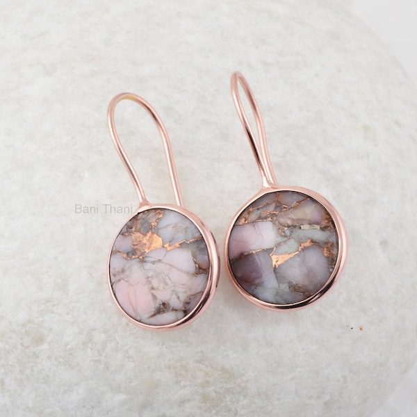 Orecchini con opale, orecchini rotondi in rame con opale rosa da 15 mm, orecchini pendenti con gancio placcati in oro rosa per donna, regalo di San Valentino per lei