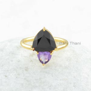 Black Onyx Ring - Onyx 10mm Trillion & Amethyst 6mm Trillion Ring - Sterling Silver Ring - Gold Plated Ring - Gemstone Ring - Gift for Women