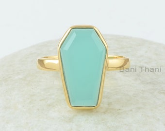 Chalcedony Coffin Ring, Aqua Chalcedony 10x 17mm Coffin Shape Gemstone Ring, 18k Gold Plated   Bezel Ring, Aqua Coffin Ring For Her