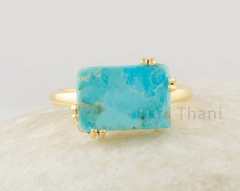 Arizona Turquoise 9x13mm Flat Rectangle Gemstone Gold Plated Sterling Silver Ring - A Precious Gift for Valentine's Day - Halloween Gift